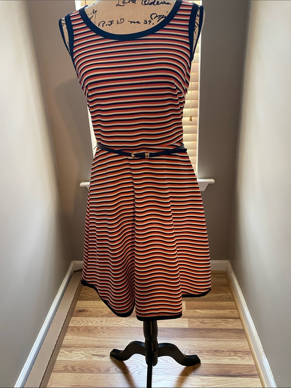 Beige by eci Red, White & Navy Striped Sleeveless Midi Dress
